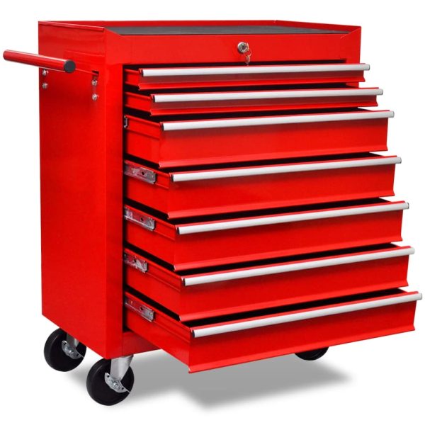Červený dielenský vozík na náradie so 7 zásuvkami