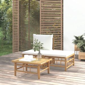 3-dielna záhradná sedacia súprava krémovobiele vankúše bambus
