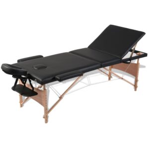 Čierny skladací masážny stôl, 3 zóny, drevený rám