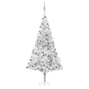 Osvetlený umelý vianočný stromček s guľami strieborný 210cm PET