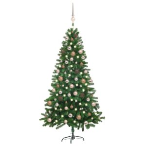 Osvetlený umelý vianočný stromček s guľami 180 cm, zelený
