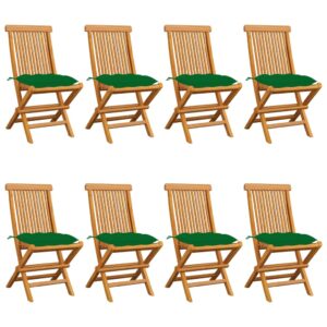 Záhradné stoličky so zelenými podložkami 8 ks tíkový masív