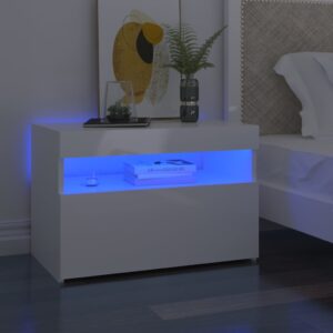 Nočný stolík a LED svetlá lesklý biely 60x35x40 cm