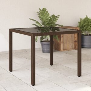 Záhradný stôl so sklenenou doskou, hnedý 90x90x75 cm, polyratan